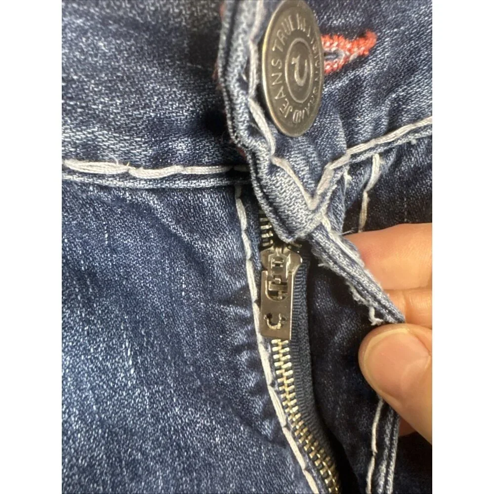 True Religion Ricky Relaxed Straight Jeans 38x32 Made USA Distressed‎ Flap